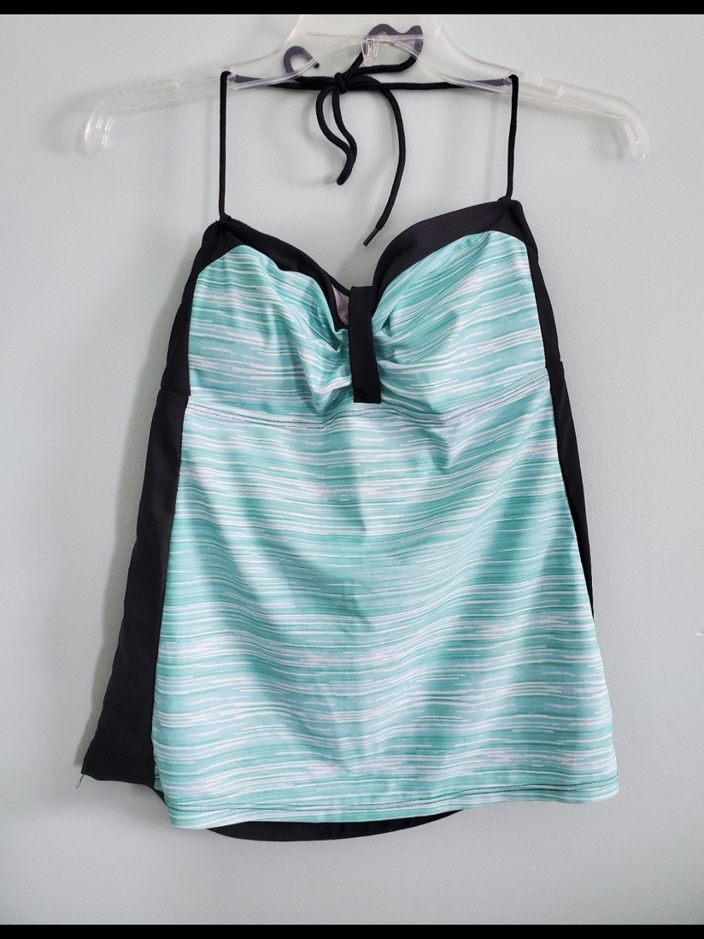 Striped Aqua & Black Halter Tankini Top